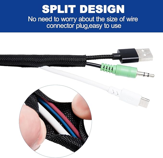 Split-Sleeve Wire Loom for High-Temperature Automotive Harness and Home Cable Management, 25ft - 3/8 inch Braided Cable Management Sleeve Cord Protector, Self-Wrapping Split Wire Loom
