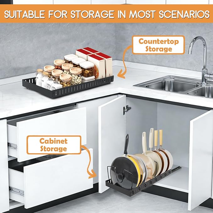 XIAPIA Pull Out Pots and Pans Organizer Under Kitchen Cabinet, Pot Lid Organizers, Slide Out Cookware Storage Rack with 8 Adjustable Dividers, Pull Out Shelves for Dishware Seasoning, (Black, 2 Pack)
