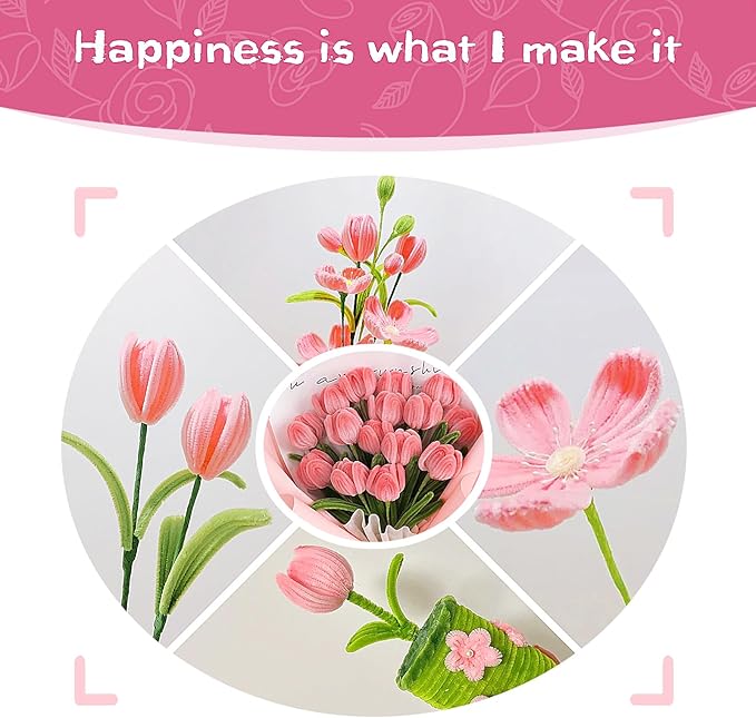 500PCS Pipe Cleaners Craft for Flower - 5 Assorted Colors Chenille Stems Pipe Cleaners Bulk 25sturdy floral stems, 200Stamens, Ribbon, Glue Sticks & Pearls for DIY Bouquets & Home Decor(Pink)