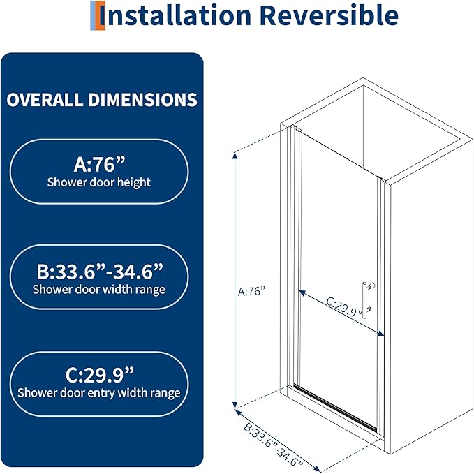 Pivot Shower Door 34 inch W x 72 inch H, Single Swing Tempered Glass Shower Door with Aluminum Frame, Frameless Look for Modern Bathroom Remodel or Apartment Upgrade, Matte Black