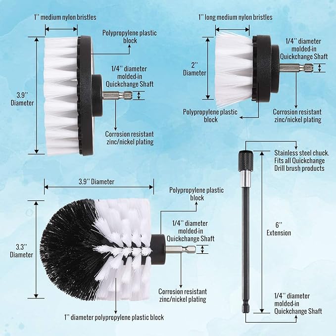HUAWELL 8 Piece Soft White Drill Brush with Extend Attachment Set-Car Interior Detailing Kit, All Purpose for Car, Boat, Seat, Carpet, Upholstery, Bathroom, Grout, Floor and Tile (White)