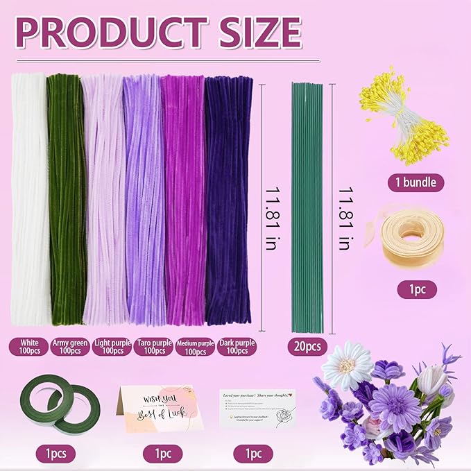 620 Pieces Purple Pipe Cleaners Craft Set, 600 Pcs Chenille Stems with 20 Pcs Flower Stems, Craft Supplies Bulk for DIY Art and Craft Projects Creative Gift Wrapping Party Decorations(Purple Series)