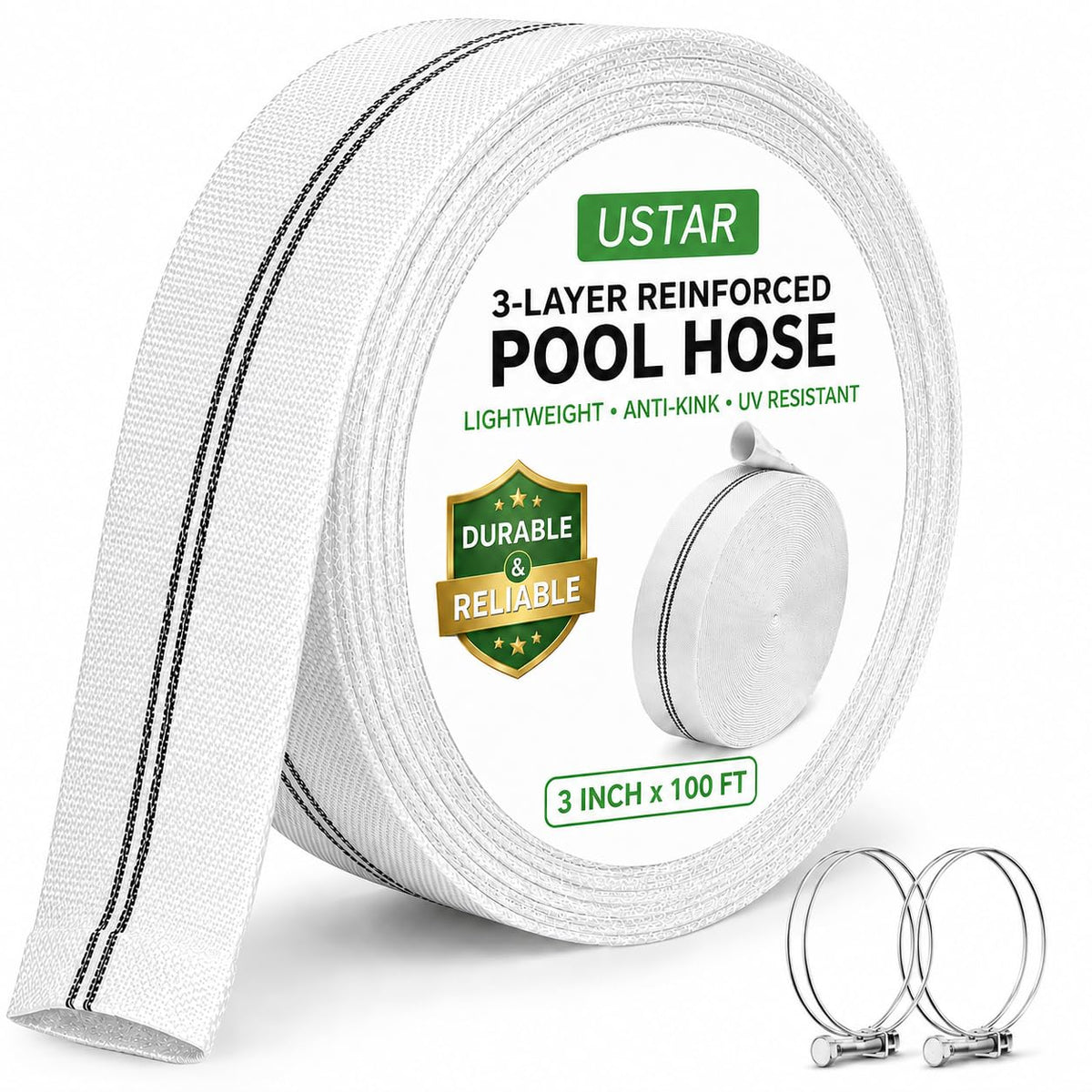 Pool Backwash Hose, 3 Inch x 100 FT Heavy Duty Lay Flat Discharge - Image 1