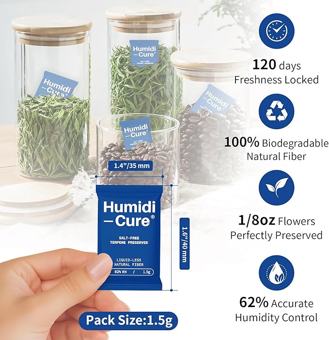 Humidi-Cure 62% RH 2-Way Humidity Packs, Size 1.5g, 10 Packs, Moisture Absorbers for Storing 1/8 oz Herbs, Humidity Control Packs Preserving Aroma and Flavor with Liquidless Plant-Fiber, Salt-Free
