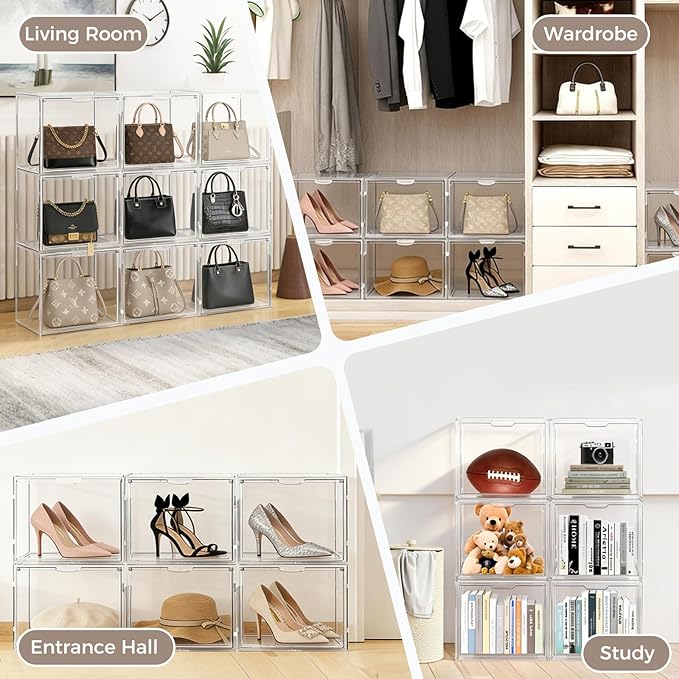 6 Pack Clear Acrylic Purse Organizer for Closet, Stackable Handbag Storage Boxes with Magnetic Doors, Dustproof Display Cases for Bags, Shoes & Collectibles