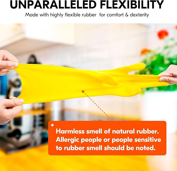 Vgo... 5-Pairs Reusable Household Gloves, Rubber Dishwashing gloves, Extra Thickness, Long Sleeves, Kitchen Cleaning, Working, Painting, Gardening, Pet Care (Size L, Yellow, HH4601)