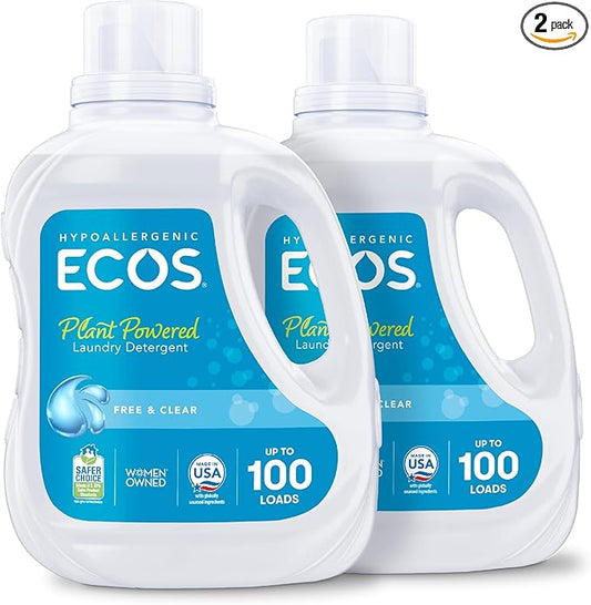 ECOS Laundry Detergent Liquid, 200 Loads - Dermatologist Tested Laundry Soap - Hypoallergenic, EPA Safer Choice Certified, Plant-Powered, Free & Clear, 100 Fl Oz (Pack of 2)