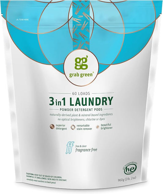 Grab Green Natural 3 in 1 Laundry Detergent Pods, Free & Clear/Unscented, 60 Loads, Fragrance Free, Organic Enzyme-Powered, Plant & Mineral-Based, 34 Ounce