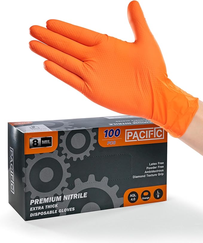 PACIFIC PPE 8 Mil Heavy Duty Strength Nitrile Gloves, Chemical Resistant, Diamond Texture Industrial Disposable Gloves, Orange, 100PCs, Medium