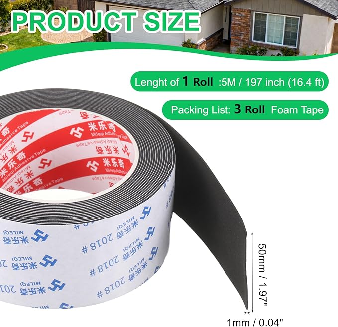 PATIKIL 3Roll Sponge Rubber Foam Tape, 1 31/32" W x 1/32" t x 16.4ft l Self-Adhesive Foam Insulation Tape Weather Stripping for Window Door Soundproofing Weatherstrip AC Seal Strip, Black