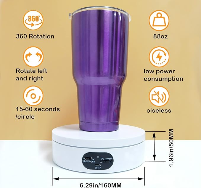 YVV Motorized Rotating Display Stand, Turner for Tumblers with Adjustable Speed Roller, 360° Automatic Mute Spin Turntable Photography Display, Tumbler Spinner Products and Show Electric Tumbler Stand