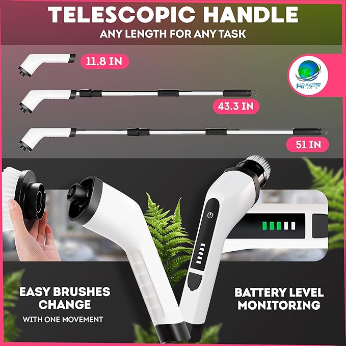 7-in-1 Electric Bathroom Scrubbing Brush, 2500 mAh. Telescopic Bathtub Scrubber with Long Handle. Powerful Electric Bathtub Scrubber. Portable Power Brush for Cleaning Bathroom, Kitchen, Car
