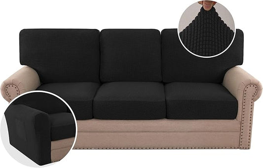 H.VERSAILTEX Multi-Pieces Sofa Covers Stretch Couch Covers Form Fitted Seats and Back Cushions Covers (3 Seat Covers Plus 3 Back Cusion Covers, Bonus 2 Armrest Covers), Black