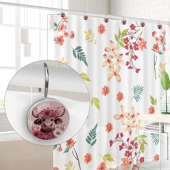 Highland Cows and Florals Rust Proof Shower Curtain Hooks 12Pcs for Bathroom Shower Rod, Decorative Shower Hooks Shower Curtain Hanger Rings Roller, Glass, Resin, Stainless Steel