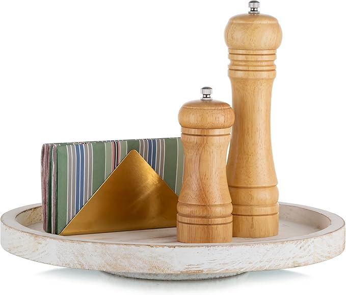 Lazy Susan Organizer Wooden Turntable: Hanobe White Round Wood Trays 12" for Decorative Kitchen Counter Coffee Table Home Decor Spice Spinner