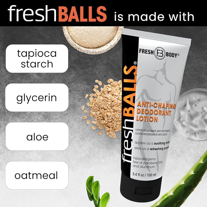FRESH BALLS Lotion Anti-Chafing Comfort Men's Soothing Cream to Powder Ball Deodorant and Hygiene for Groin Area, 3.4 fl oz (Pack of 2)