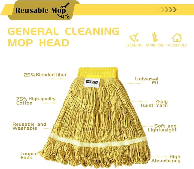 Heavy Duty Commercial Mop | 55.7" Stainless Steel Handle & 2 x 20.5 oz Looped-End Cotton Heads | Wet Mop for Home Garage Office Warehouse Floor Cleaning