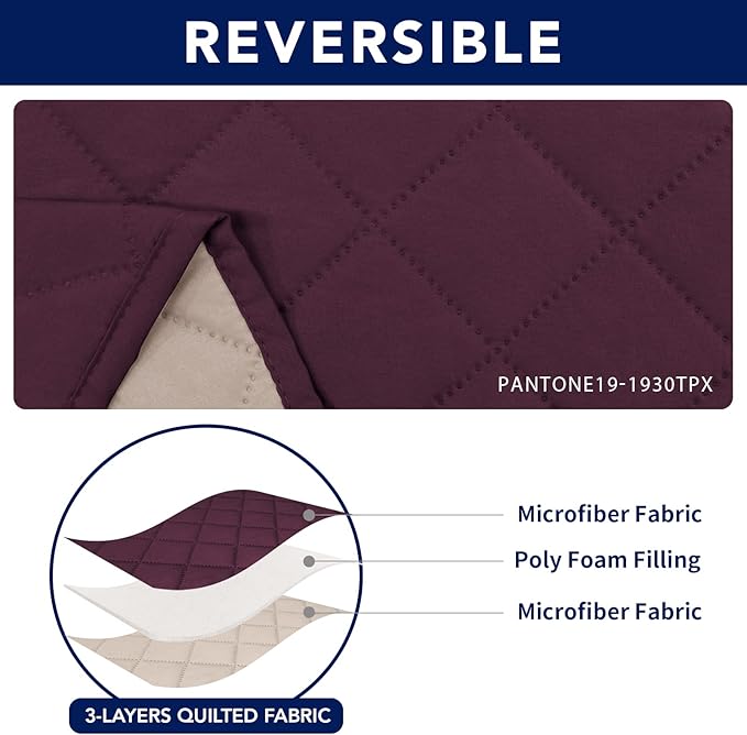PureFit Water Resistant Reversible Sofa Covers for Reclining Sofa 3 Seat - Non Slip Split Recliner Couch Cover for 3 Cushion Couch, Washable Furniture Protector for Kids, Dogs (3 Seat, Wine/Beige)