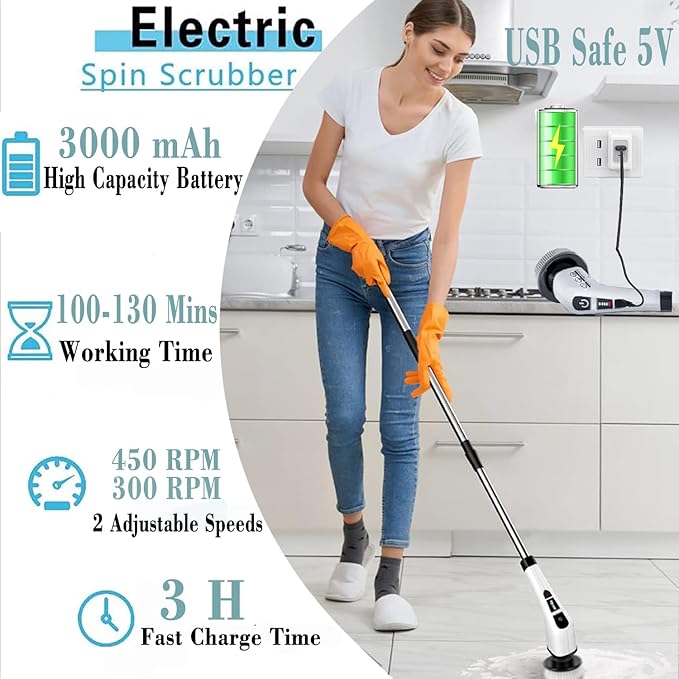 Electric Spin Scrubber,Cordless Cleaning Brush 9-in-1Replaceable Brush Head,2 Rotat Speed,Shower Scrubber with Adjustable Detachable Exten Handle,2025 New Power Cleaning Brush for Kitchen,Bathroom