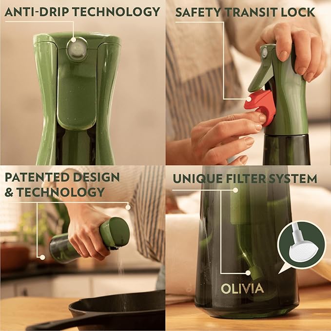 FLAIROSOL OLIVIA Oil Sprayer for Cooking, 2 Pack Green Glass Olive Oil Sprayer, 200ML Oil Dispenser for Kitchen, Continuous Oil Spray Bottle with Portion Control for Air Fryer, Salad, BBQ