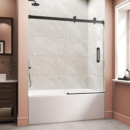 Frameless Bathtub Shower Door, Tub Sliding Door with Nano Coating & Safety Film, 1/4" (6mm) SGCC Tempered Glass，Adjustable 55"-60" W x 60" H, Matte Black
