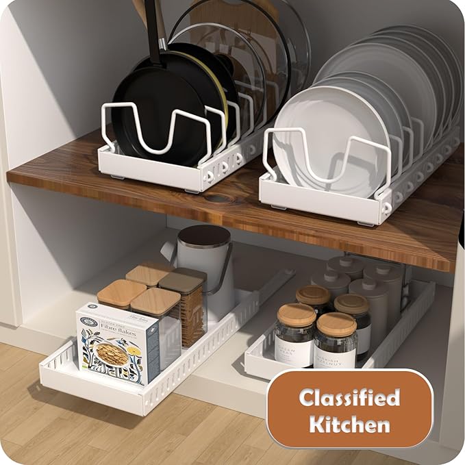 Pots and Pans Organizer Under Cabinet, Sliding Lid Holder and Pan Rack in Kitchen, Slide Out inside Cabinet Storage for Pot Lid, Bakeware, Dishes, 8 Adjustable Dividers, 2 Pack White