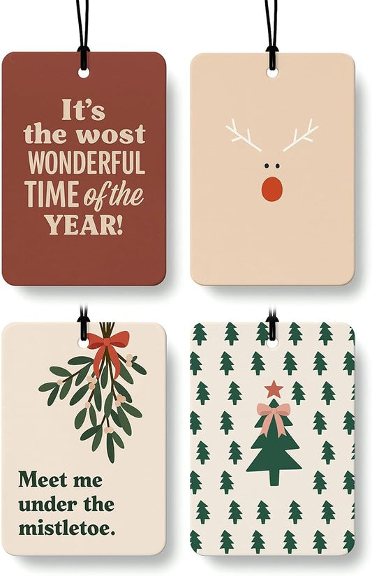 Boho Christmas Car Air Freshener 4 Pcs, Coquette Mistletoe Xmas Tree Reindeer Hanging Air Freshener for Cars Closet Drawer Books, Christmas Car Accessories Mirror Decor for Women Girls