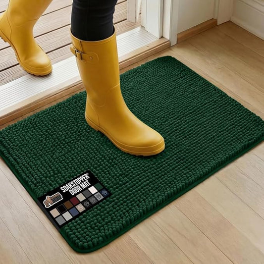 GORILLA GRIP SoakSTOPPER Dog Door Mat, Machine Washable Rug Absorbent Doormat Captures Moisture Mud Dirt, Quick Dry Soft Chenille Entryway Rugs Indoor Entrance Mats for Dog Paws, 24x17 Deep Green