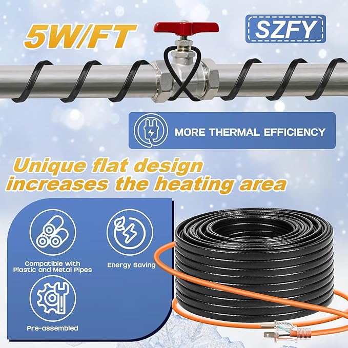 3FT~160FT Heat Tape for Water Pipes, -40°F Deicing Heat Tape,Thermostat Wire,Heating Cable Pipe Heating Cable,Heat Tape with Thermostat,Gutter Heat Cable,Heated Water Hose,120V 8W/ft (100FT)