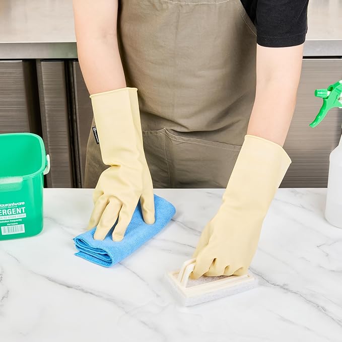 Restaurantware-Clean Tek Professional 22 Mil Large Cleaning Gloves, 10 Pairs Of Long Cuff Gloves - No-Slip Grip, No-Powder, Yellow Latex Gloves For Kitchen Cleaning, Ideal For Washing Dishes