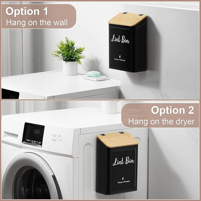 SUBEKYU Metal Magnetic Lint Bin for Laundry Room, Wall Mounted Lint Box Holder with Lid for Dryer,Laundry Room Organization and Storage,Bamboo Lid Lint Basket,Black