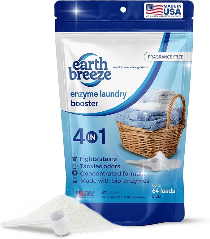Earth Breeze Enzyme Laundry Booster Powder – 2lbs (64 Loads) - Powerful 4-in-1 Bio-Enzyme Formula Deep Cleans, Tackles Odors, Fights Stains and Brightens Whites - No Harsh Chemicals – Made in USA