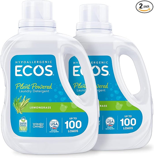 ECOS Laundry Detergent Liquid, 200 Loads - Dermatologist Tested Laundry Soap - Hypoallergenic, EPA Safer Choice Certified, Plant-Powered - Lemongrass, 100 Fl Oz (Pack of 2)