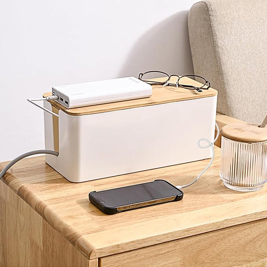 Cable Management Box,Wooden Style Large Cable Organizer Box for Office and Home,Cable Organizer Box with Proof Lock for Baby-Pets,Wood Lid（White,1 Pack