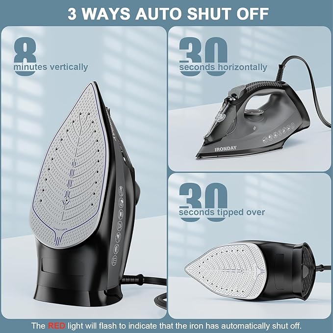 Steam Iron for Clothes, 1800W with 20.28oz Water Tank,Ceramic Soleplate,3-Way Auto-Off, 20s Fast Heat-up,Burst of Steam, Precision Tip,Self-Clean, Anti-Calc, Vertical Steamer for All Fabrics