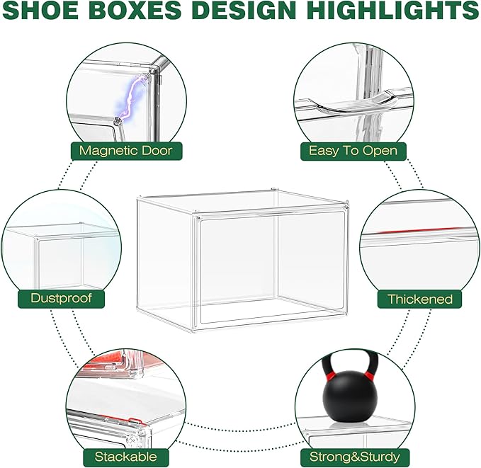 4 Pack X-Large Shoe Boxes Size 14, Clear Acrylic Handbag Storage Box Sneaker Display Case Shoes Containers with Magnetic Door Acrylic Display Case Organizer for Closet