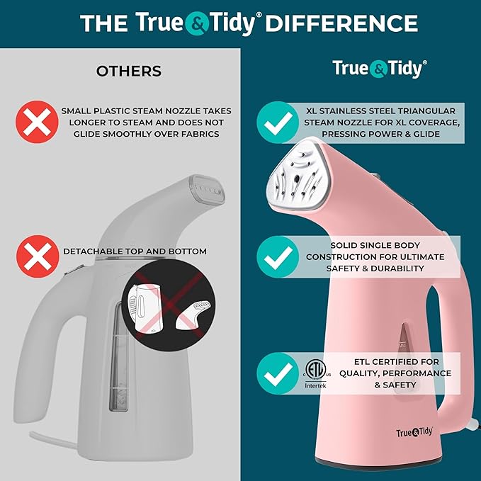 True & Tidy® Handheld Garment Steamer for Clothes with Water Cup Accessory, Portable Travel Steam Iron, Stainless Steel Plate up to 10 mins of Continuous Steam, 800 Watts, Pink