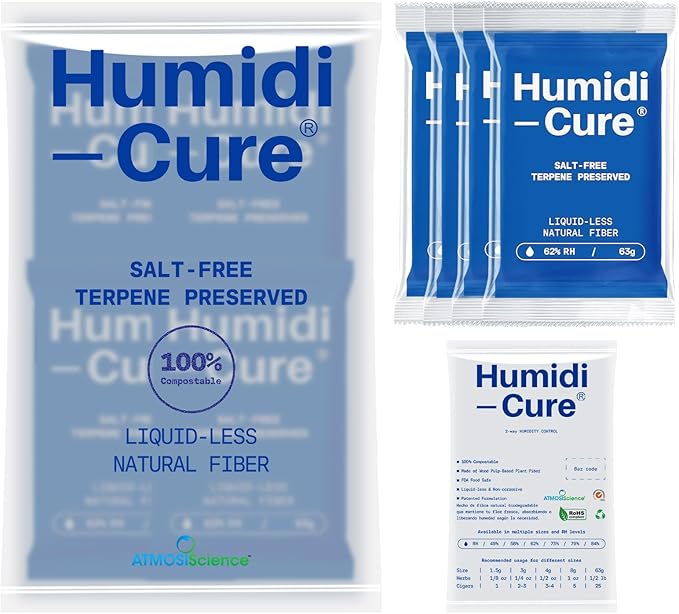 Humidi-Cure 62% RH 2-Way Humidity Packs, Size 63g, 4 Packs, Moisture Absorbers for Storing 1/2 LB Herbs, Humidity Control Packs Preserving Aroma and Flavor with Liquidless Plant-Fiber, Salt-Free