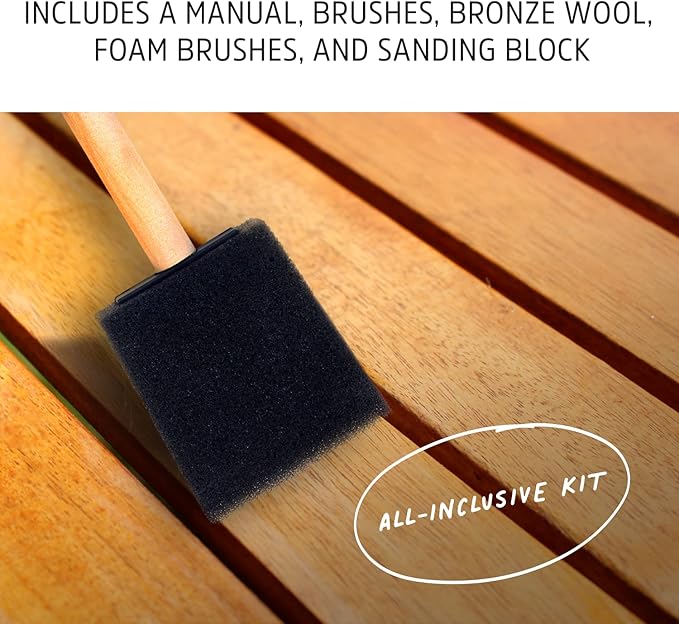 Teak Cleaning Supplies Bundle Featuring 16oz Teak Brightener and Finish, Super Cleaner 8 oz, Wood Scrub Brush, Foam Brushes & Bronze Wool, Water-Based & Safe