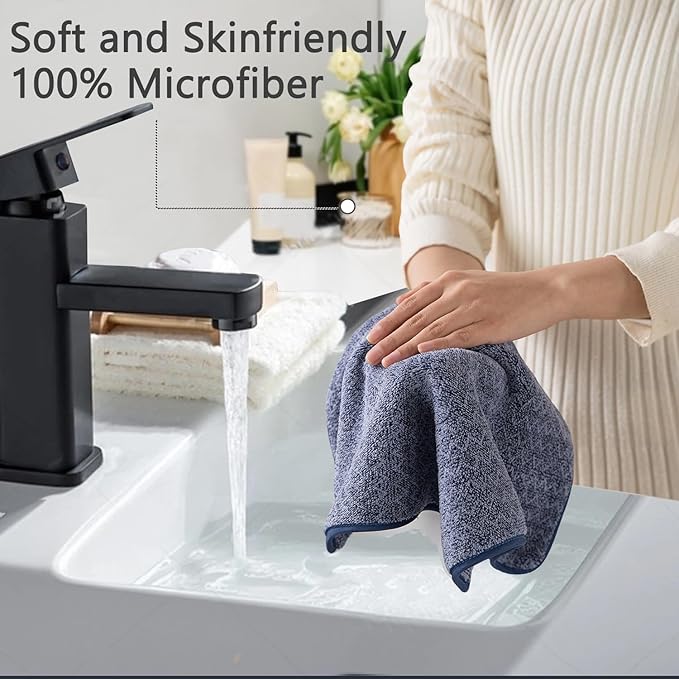 Ycosy 18 Piece Bath Towels Set,100% Microfiber Family Bathroom Towel with Hanging Loops-6 Bath Towels,6 Hand Towels,6 Washcloths,Quick Dry Highly Absorbent Shower Towel for Bathroom,Hotel,Spa-Navy