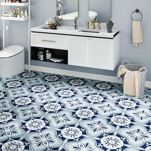 Peel and Stick Floor Tile 20-Pcs Cover 20 Sq.Ft, Vinyl Flooring Tiles 12” x 12” Matte Self Adhesive Flooring Stickers Waterproof Removable for Renter, Bathroom Living Room, Blue