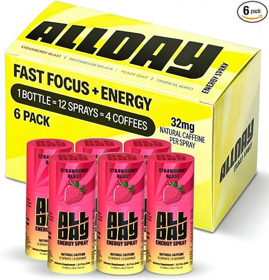 ALLDAY Focus + Energy Spray | Natural Caffeine + L-Theanine + Essential Vitamins | 0 Calorie, 0 Sugar | 12 Spray Bottle | Faster, Cleaner, Smoother Energy* (6 Pack Strawberry Blast)