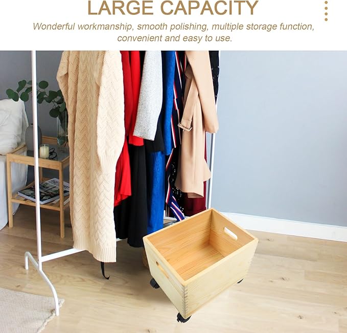 Cabilock Wooden Storage Box with Wheels Multi-Functional Rolling Storage Bin for Home Organization and Toy Holder Portable Sundries Organizer