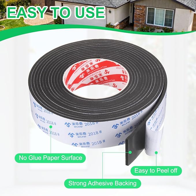 PATIKIL Sponge Rubber Foam Tape, 1 9/16" W x 1/8" t x 16.4ft l Self-Adhesive Foam Insulation Tape Weather Stripping for Window Door Soundproofing Weatherstrip AC Seal Strip, Black