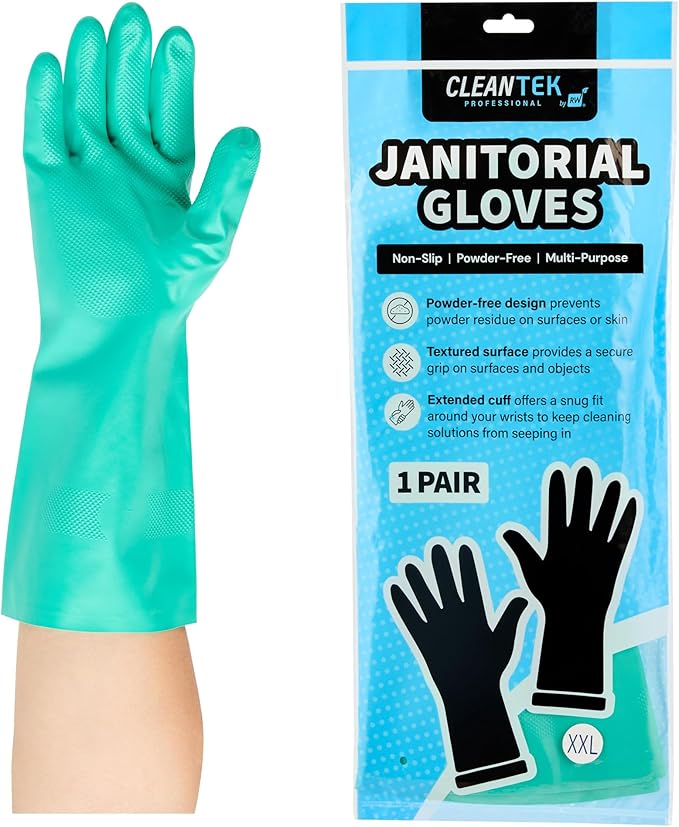 Restaurantware Green Cleaning Gloves 10 Pairs 15 Mil Thick XXL Heavy-Duty Nitrile Gloves With Long Cuff No-Latex Flock Lining For Use In Hospitals, Laboratories, Kitchens and Households