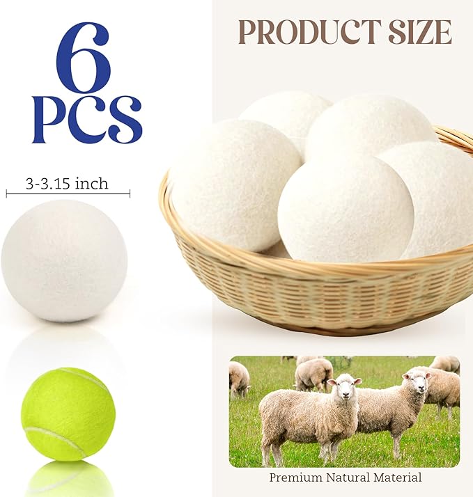 Wool Dryer Balls, New Zealand Dryer Balls Laundry Reusable Reduce Static Cling, Dryer Ball to Reduce Wrinkles & Shorten Drying Time, Drying Balls Fabric Softener Ball for Laundry（Pack of 6 XL)