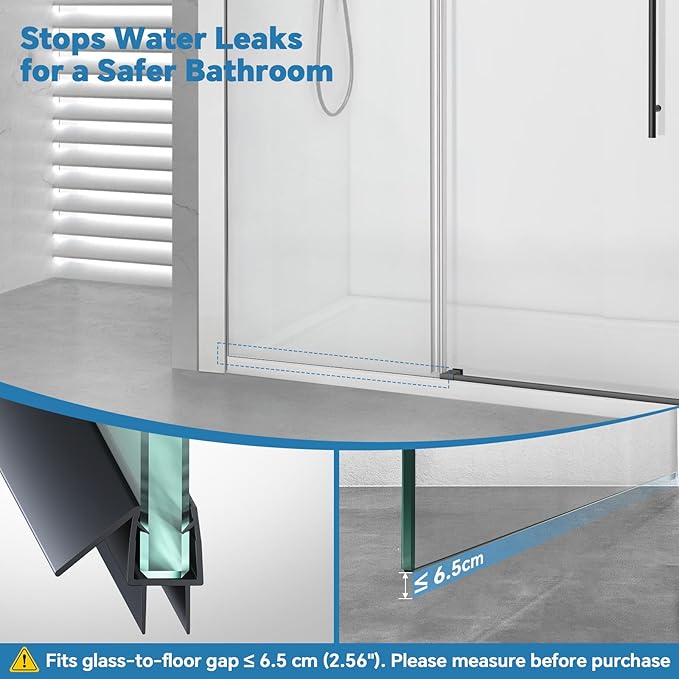 Shower Door Bottom Seal Strip, 2PCS Seal Strip, Clear PVC, 36" Length, Fits 10mm Thick Glass, Prevents Leaks, Easy Installation, No Adhesive Required (Black, 36in for 3/8"(10mm))
