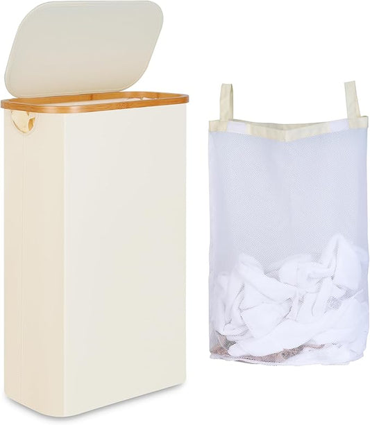 65L Slim Laundry Hamper, Narrow Laundry Basket with Lid,Foldable Clothes Hamper with Bamboo Handles,Hamper Basket with Removable Inner Bag for Laundry Room Bedroom College Dorm,17.17 Gals Beige