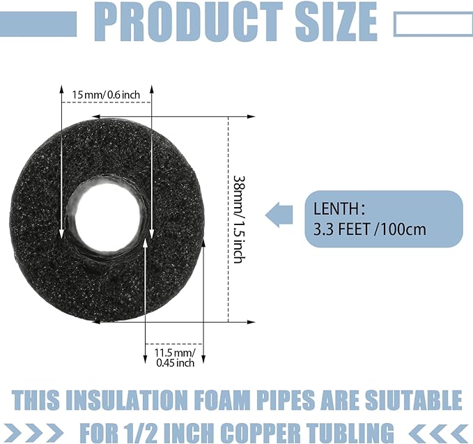 Amylove 12 Pcs 3.3 Feet Pipe Insulation Foam Tube Pool Noodles Insulating Water Pipe Swim Noodles Pre Slit Heat Preservation Pipes Cover for Tubing Outdoor Winter Freeze Protection(Black, 1/2 Inch)