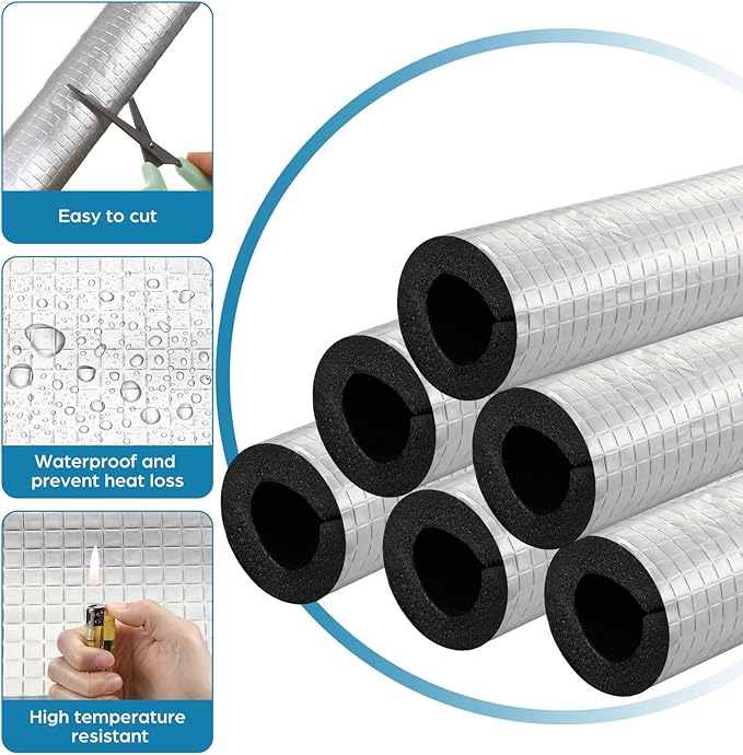 Tondiamo 8 Pcs 3 ft Pipe Insulation Foam Tube Self Adhesive Insulation Foam Wrap with Aluminum Foil Tape Water Tubing Cover for Outdoor Winter Irrigation, Spigot, Sprinkler Protection(3/4 Inch)